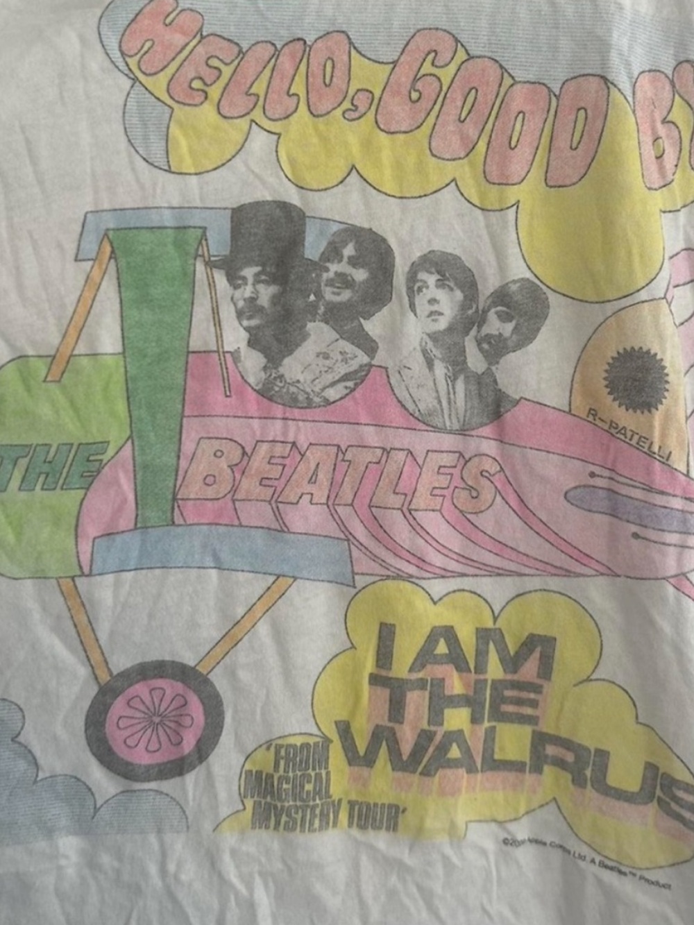 Free People White Beatles Graphic Tee with Pink, Yellow & Green Artwork